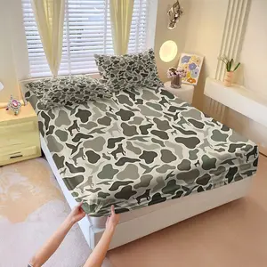 3Pcs Camouflage Dog Silhouette Fitted Sheet Set, Bed Sheet Sets, Light Beige and Green Camo Bedding, Soft and Durable Material, Ideal for Outdoor Enthusiasts and Bedroom Decor, Includes 1 Fitted Sheet, With 2 Coreless Pillowcases
