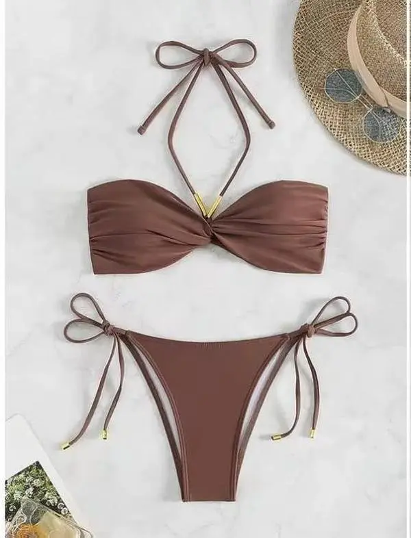 PRAHARA 2025 Summer 2 Piece Chocolate Brown Bikini Set, Bandeau Top with Tie Back, High Cut Thong Bottom