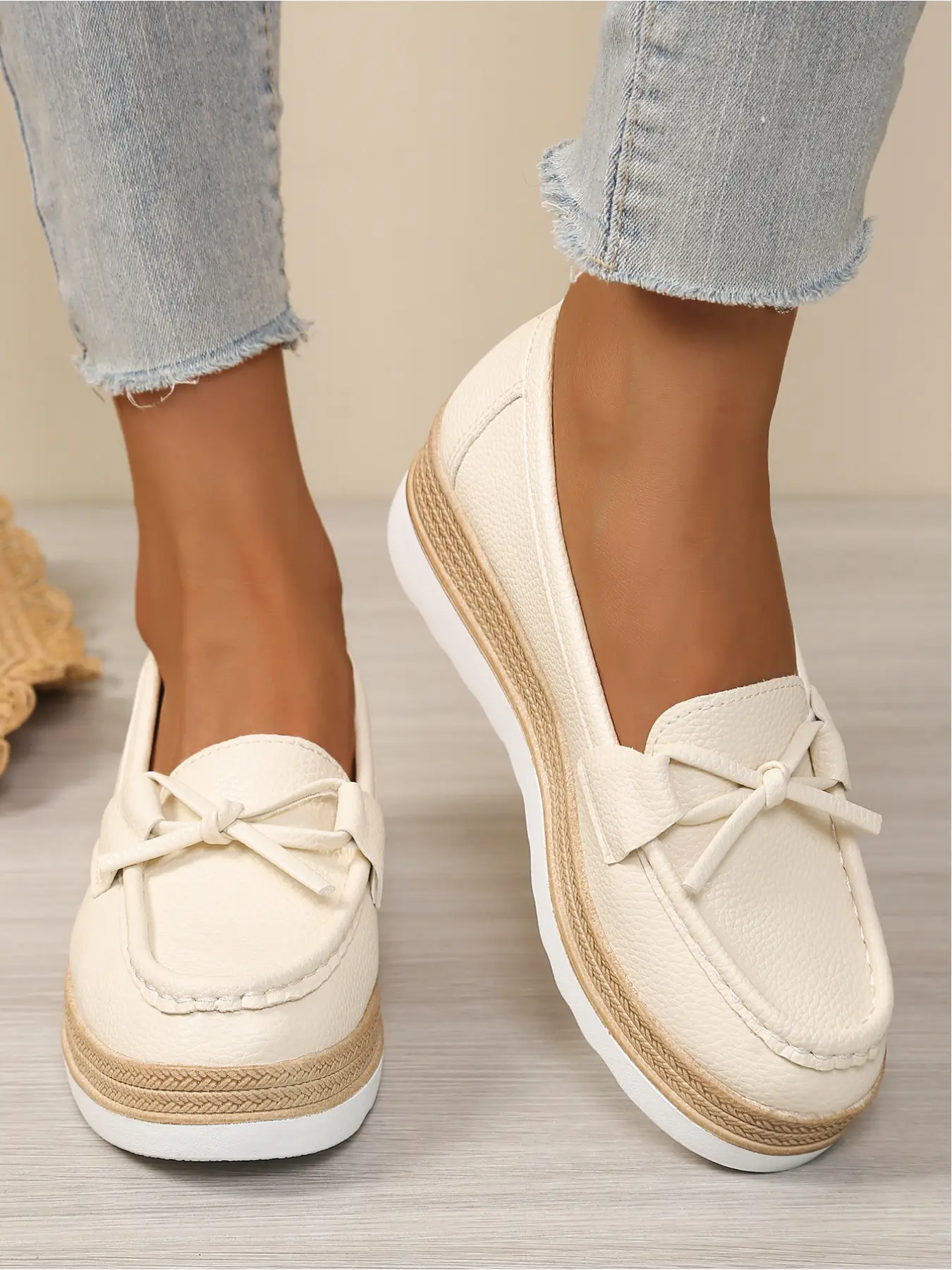 Casual Platform Loafers for Women, Bow Decor Slip-On Espadrille Flats, Soft Breathable Upper, Padded Insole, Lightweight Non-Slip Wedge Shoes for Everyday Wear