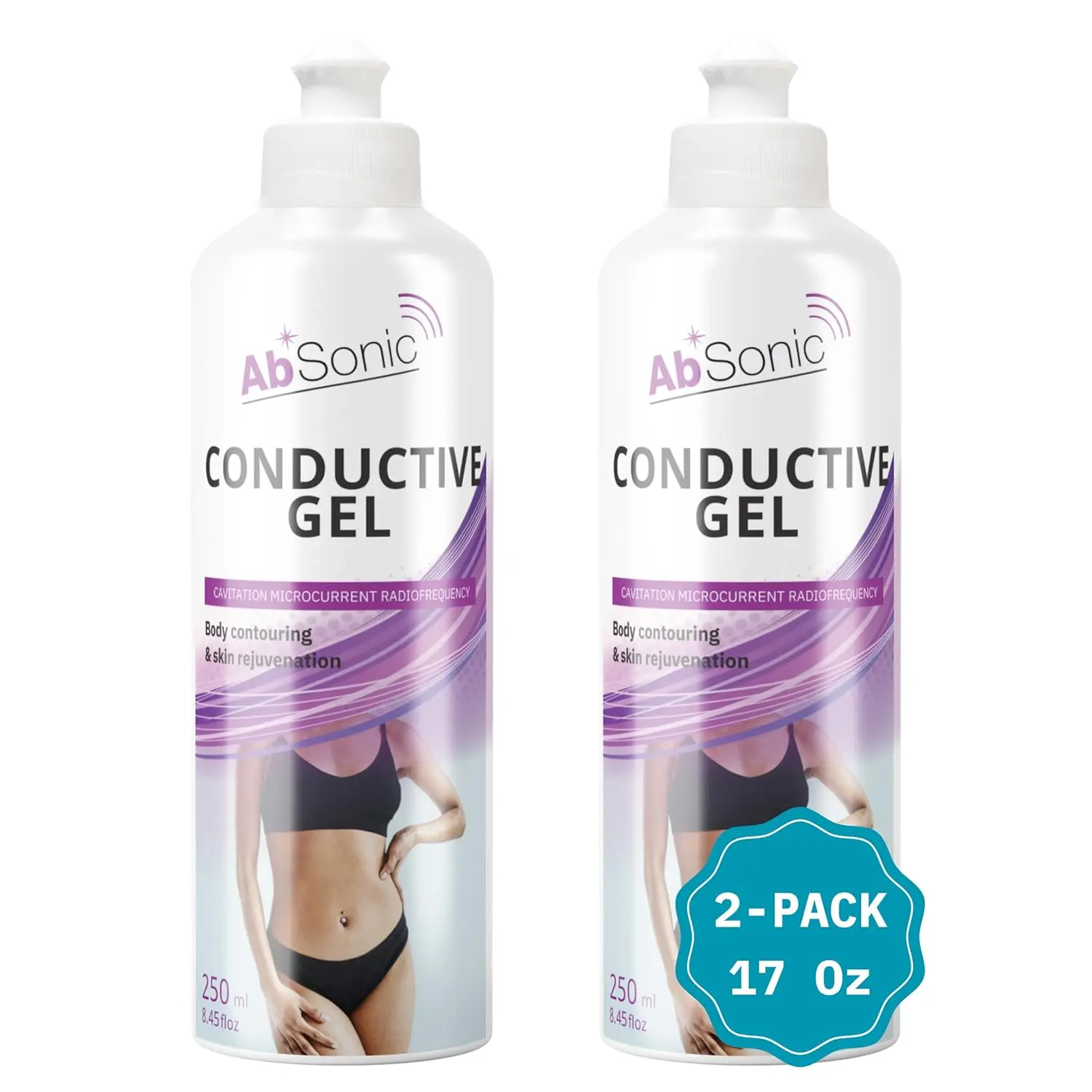 Absonic Conductive Gel for Ultrasound, Cavitation, Microcurrent, RF, TENS & EMS Devices – 2-Pack (17 oz Total) – Water-Based, Paraben-Free – Designed in France