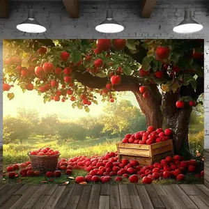 1pc Large Self-Adhesive Apple Orchard Backdrop with Realistic Red Apples & Lush Green Trees -  Durable Fabric Party Decoration Banner for Indoor/Outdoor Weddings, Birthdays, Easter, Spring/Fall E