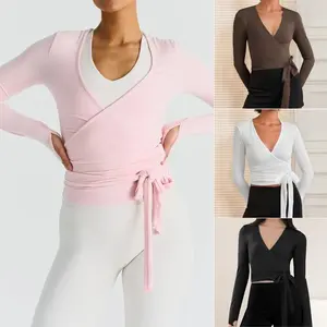 Women Fitness Yoga T-Shirts, Solid Color Tie-Up Front V-Neck Long Sleeve Bottoming Shirt, Seamless Workout Tops, Ladies Clothes for Daily Wear