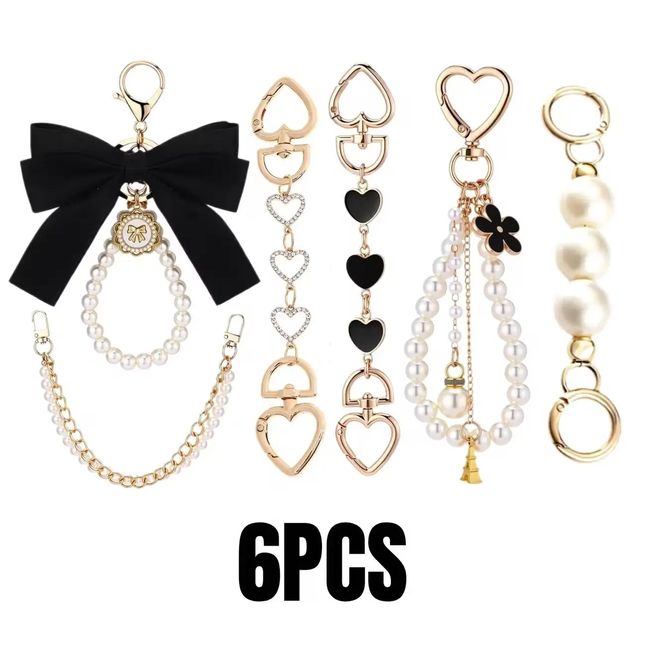 6pcs Cute Bag Chain Extension, Faux Pearl Heart-Shaped Wallet Chain, Ribbon Bow Keychain, Stylish Bag Strap Extender, Handbag Accessory Pendant, Wallet Making, Suitable for Backpacks, Handbags, Car Keys, Car Interior Decoration, DIY Wallet Making