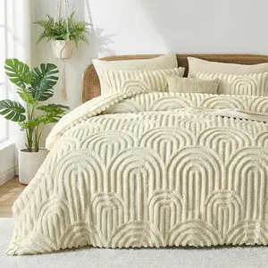 Boho  Comforter Set, 7 count Tufted Beige Bedding Sets, Soft Cozy Chic Bed in a Bag, Arch  Shabby Bed Set   with Comforter, Fitted Sheet, Flat Sheet & Pillowcases