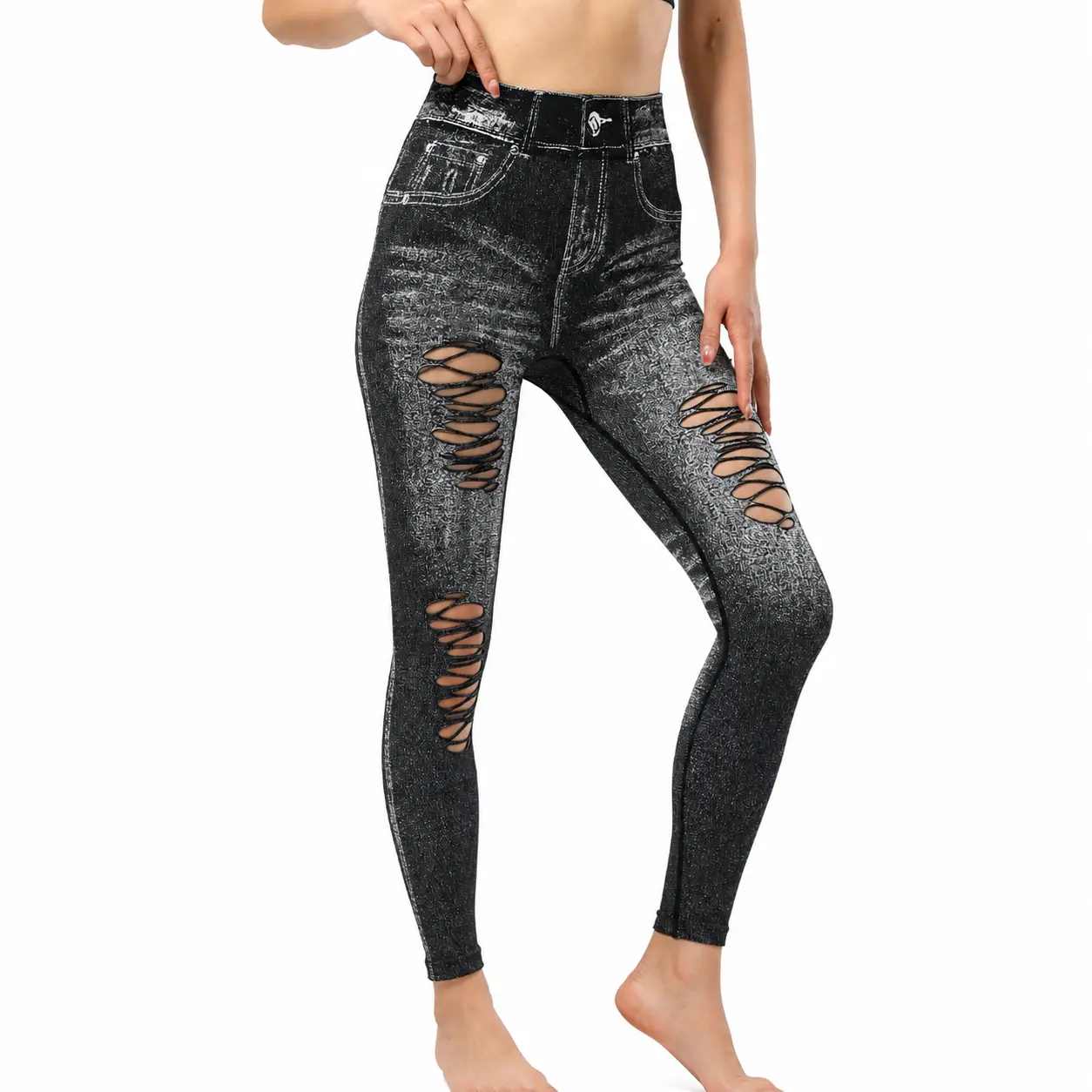 Women's High Waist Seamless Ripped Faux Denim Leggings - High Stretch, Quick Dry, Breathable Fabric, Full Length Streetwear Bottoms for Lady's Yoga, Gym, Casual Athleisure, Cutout pants