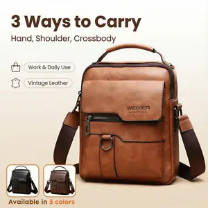 WEIXIER Men's Retro PU Leather Crossbody Messenger Bag - Large Capacity, Adjustable Strap for Business, Travel