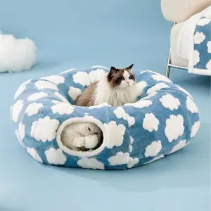 Cat Tunnel Bed for Indoor Cats - Cute Cat Donut Tunnel with Washable Circle Cushion, Round Pet Play Tunnel Toy for Kitten/Puppy/Rabbit - Animal Blanket Home Calming tiktokshopspringglowup
