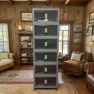 6Layer New(112gallon)Gray 23.62in Foldable Storage Box With Multi-tier & Doors, Stackable Shoes Storage Containers For Sundries, Books, Clothes, Household Storage Organizer For Closet, Wardrobe, Bedroom, Bathroom, Office, Kitchen