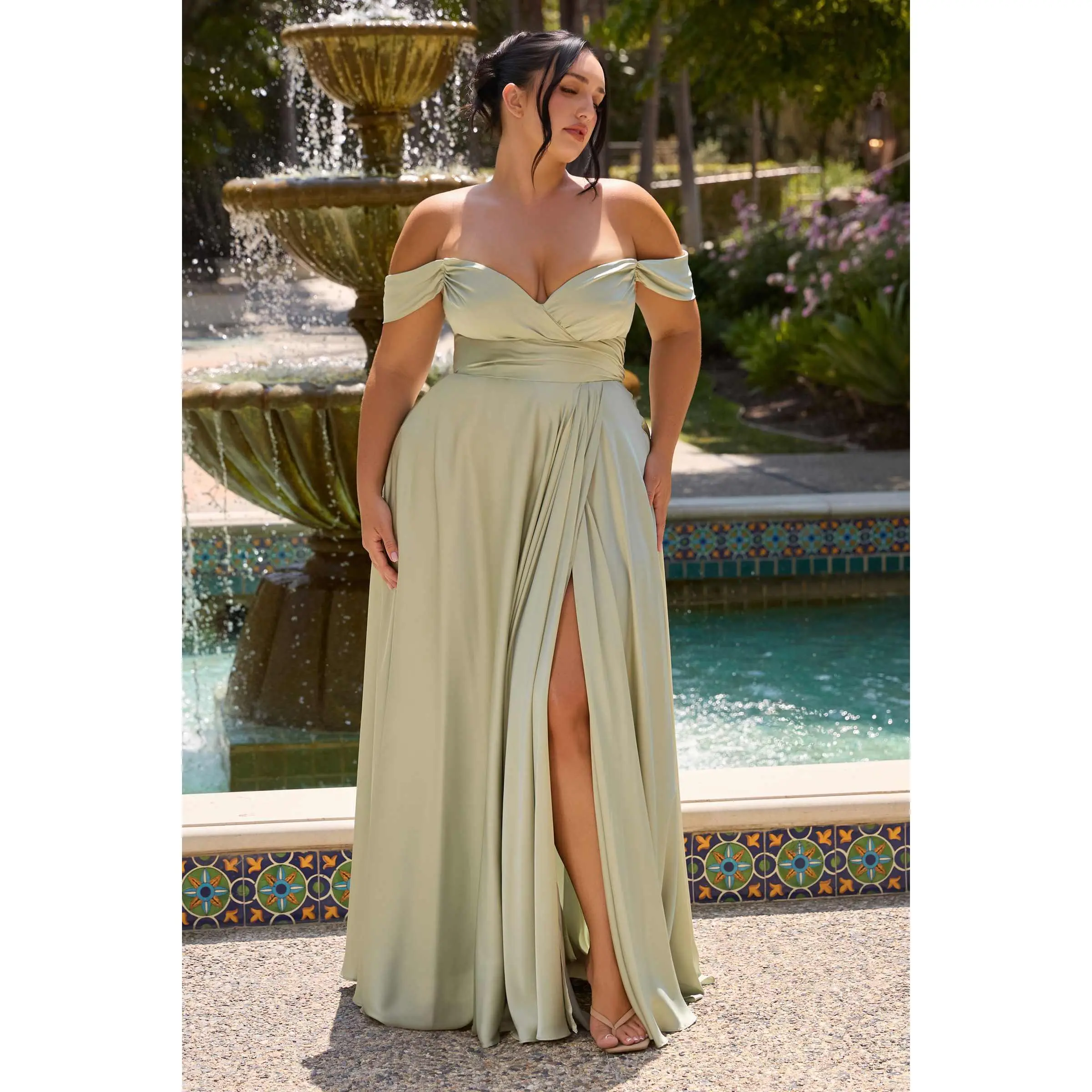 Ladivine 7493C Curvy Dresses Plus Size Soft Satin Off-Shoulder A-Line Formal Gown - Elegant Prom Dress with Leg Slit, Lace-Up Back, Zipper, Champagne/Gold Women's Formal Evening Wear