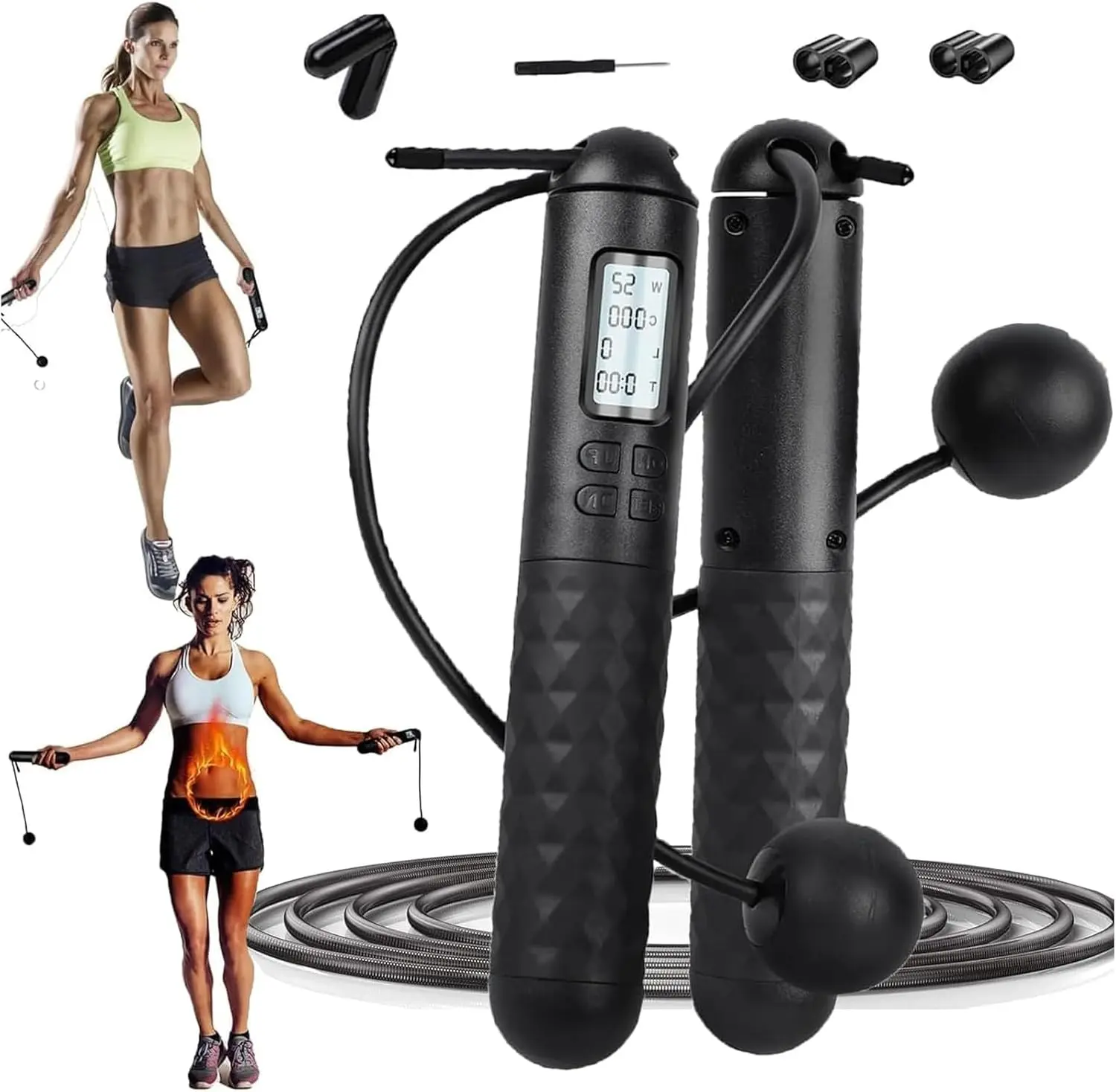 2-in-1 Weighted Digital Skipping Rope Wired & Wireless Jump Rope with Counter LED Display Adjustable Length Home Fitness Equipment for Men Women Perfect Christmas Gift balance training