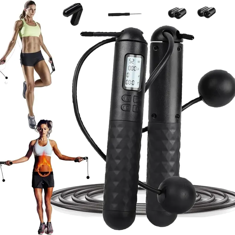 2-in-1 Weighted Digital Skipping Rope Wired & Wireless Jump Rope with Counter LED Display Adjustable Length Home Fitness Equipment for Men Women Perfect Christmas Gift balance training