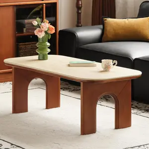 YESWOOD Solid Wood Tulipwood Coffee Table with Travertine Sintered Stone Top, Mid-Century Modern Design, Living Room Table, 47.24" L x 22.05" W x 16.53" H, Teak