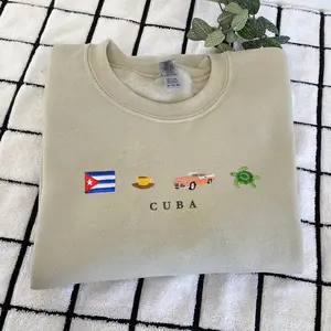Cuba Embroidered Sweatshirt – Fashion Casual Long Sleeve Crewneck Pullover, Caribbean Island Graphic Top with Coffee, Vintage Car & Sea Turtle for Women