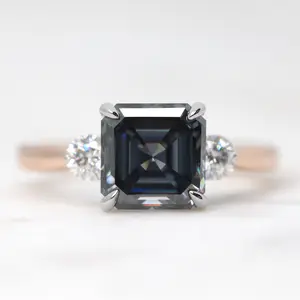 Olive Ring with a 2.50 Carat Asscher Cut Gray Moissanite and Moissanite Accents in 14k White & Rose Gold - Ready to Size and Ship