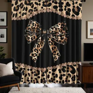 2pcs Leopard print bowknot Pattern Printed Curtains, semi-transparent polyester material, Easy install curtain, fade-resistant, hand-washable or machine-washable, hung with rod pockets, home decoration