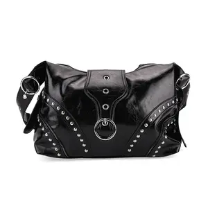 Faux Leather Stylish Riveted Hobo Bag with Shoulder Strap
