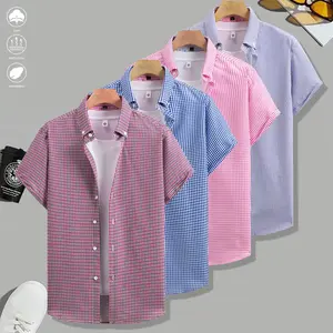 Pack of 4 — Summer short-sleeve shirts, lightweight breathable plaid shirts, suitable for beach vacations, pool parties, and everyday casual wear; plaid shirt, men’s shirt, men’s short-sleeve top
