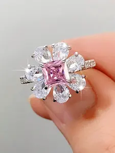 1 PC Elegant Pink Cubic Zirconia Ring For Women For Wedding Engagement Jewelry Valentine's Day Gift Tulip Rings Artificial Zircon Rings