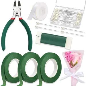 Floral Tape and Wire, Florist Tape and Flower Wire Arrangement Kit with White Ribbon, Boutonniere Pin, Wire  for Bouquets, Crafts, Wreath Making (Dark Green)