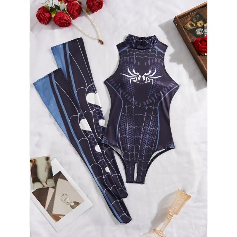 Spider themed role play costume, jumpsuit and pantyhose set, sexy lingerie for women