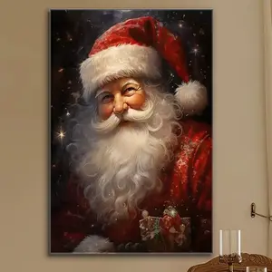 Vintage Santa Claus Canvas Art Print with Rustic Wooden Frame Wall Decor Reusable Holiday Room Decoration Ready-to-Hang Perfection No Tools Required - Gift