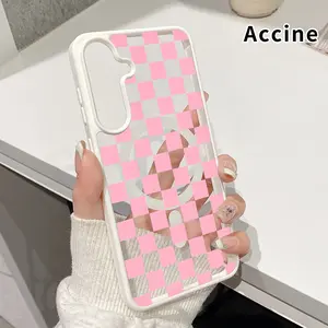 Magnetic Case Compatible Compatible with Galaxy S23 Ultra S24 Plus S25 S22+ FE Pink Checkered Charm Clear Acrylic Back Drop Protection Pocket-Friendly Cellphone Cover Gift for Girl