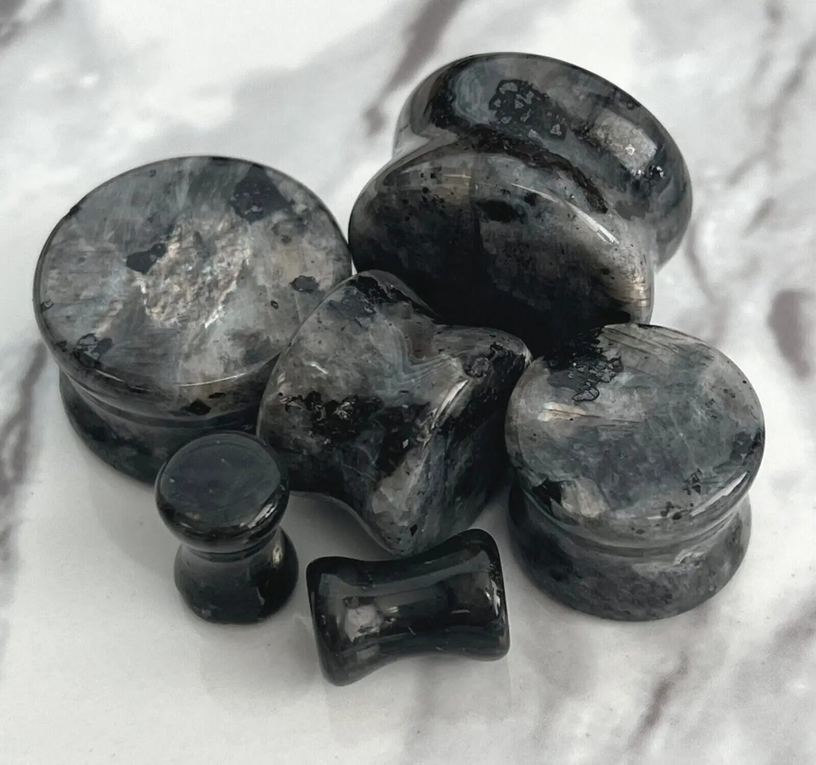 PAIR of Unique Natural Black Labradorite Organic Stone Double Flare Plugs/Tunnels - Gauges 2g (6mm) up to 3/4" (19mm)