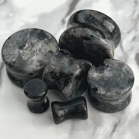 PAIR of Unique Natural Black Labradorite Organic Stone Double Flare Plugs/Tunnels - Gauges 2g (6mm) up to 3/4" (19mm)
