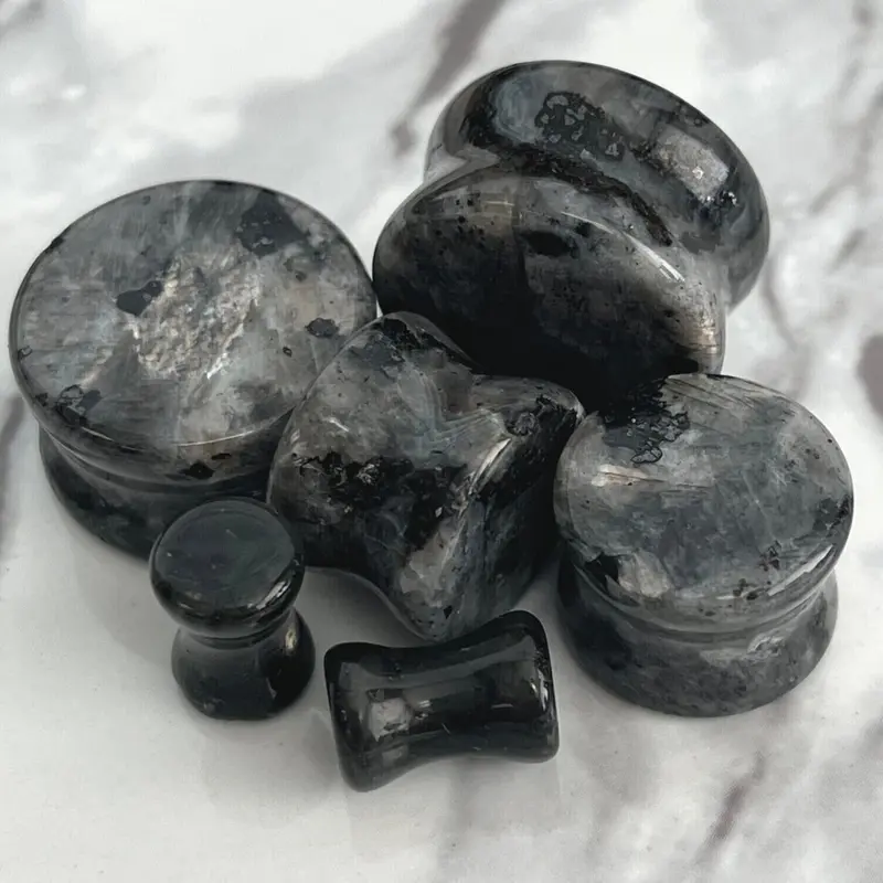 PAIR of Unique Natural Black Labradorite Organic Stone Double Flare Plugs/Tunnels - Gauges 2g (6mm) up to 3/4" (19mm)