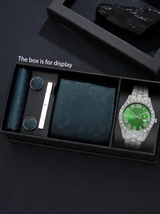 Luxurious Watch Box Set, Gold/silver Color Full Diamond Dial, / Tie & Cufflinks, Elegant Gift for Men, Valentine's Day, Father's Day, Accessories Set