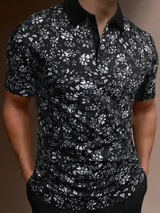 Men's Short Sleeve Polo Shirt with Elegant Floral Print and Button Neckline, Casual Fitted Men's Polo for Daily Gatherings and Outdoor Activities