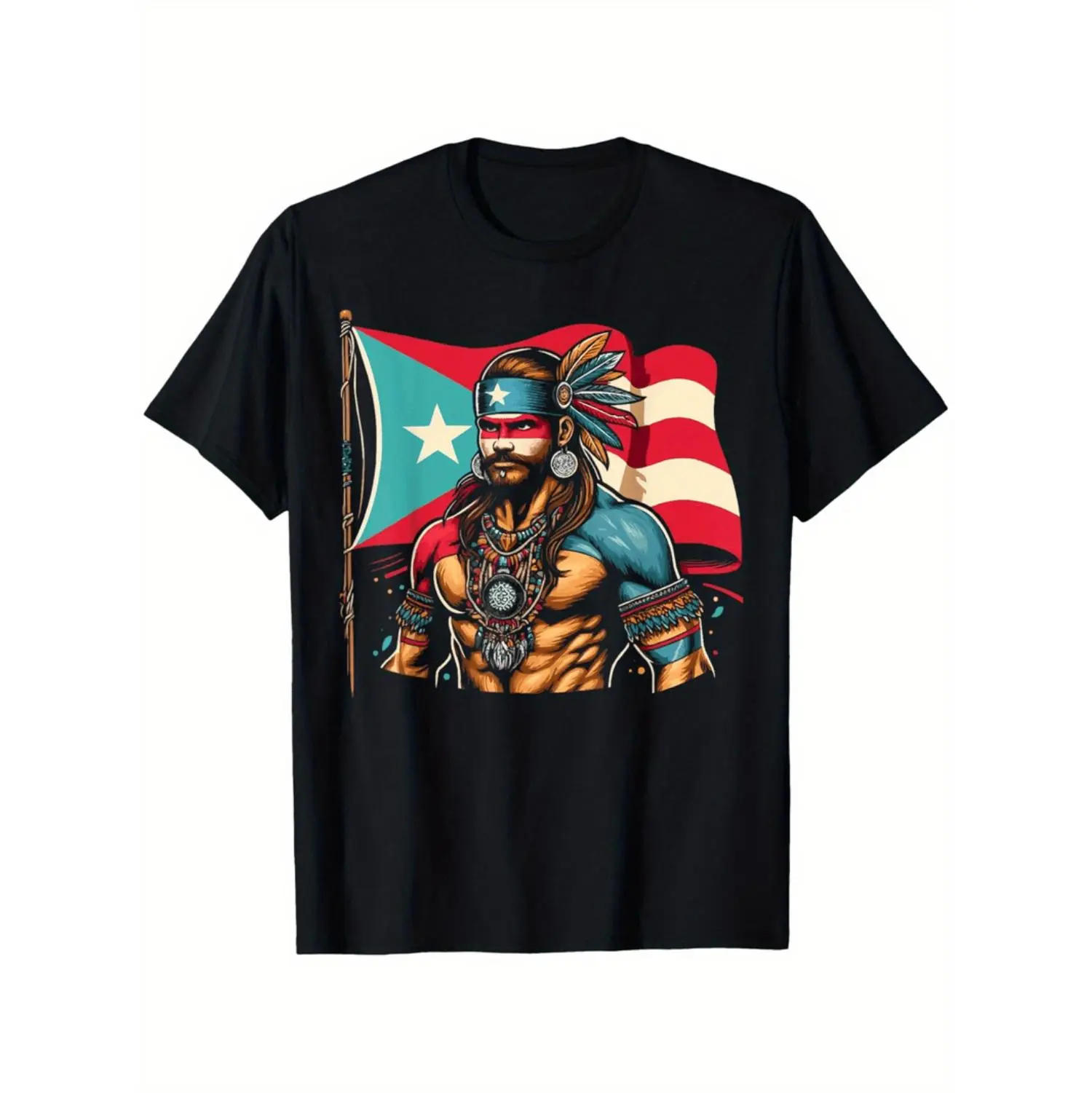 Vibrant Taino Warrior And Boricua Flag Graphic On Premium Black Cotton Tee Showcasing Puerto Rican Heritage In Stylish Regular Fit For Casual Comfort