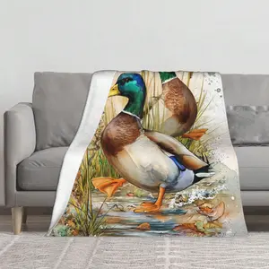 Vibrant Watercolor Mallard Duck Flannel Throw Blanket