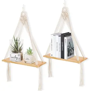 Macrame Wall  Shelf Set of 2,Boho Wooden Display Floating Shelves for Wall Decor with  Woven Rope,Farmhouse Rustic  Shelf for Bedroom Dorm  Living Room Bathroom