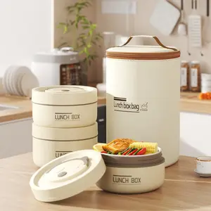 4 Pcs Round Stainless Steel Lunch Box Stackable Leakproof Insulated Design Microwave Safe Reusable Food Container With Portable Insulated Storage Bag Beige Color For Adult Men Women Work School Picnic Camping Daily Bento Use