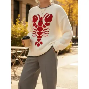 Women’s casual loose lobster pattern sweater, autumn and winter solid color crew neck long sleeve knit pullover, comfortable and fashionable