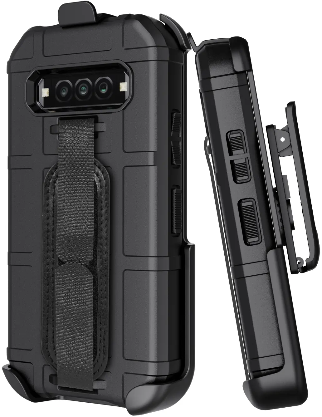 Case + Hand Strap + Holster Combo for Kyocera DuraForce Pro 3 Phone, Nakedcellphone Special Ops Armor Rugged Shield Protective Cover and [Rotating Ratchet] Belt Clip Holder