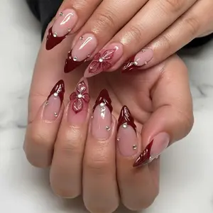 French Tip Fake Nails with 3D Butterfly Design Glue On Full Cover Acrylic False Nails for Women Perfect Valentine's Gift