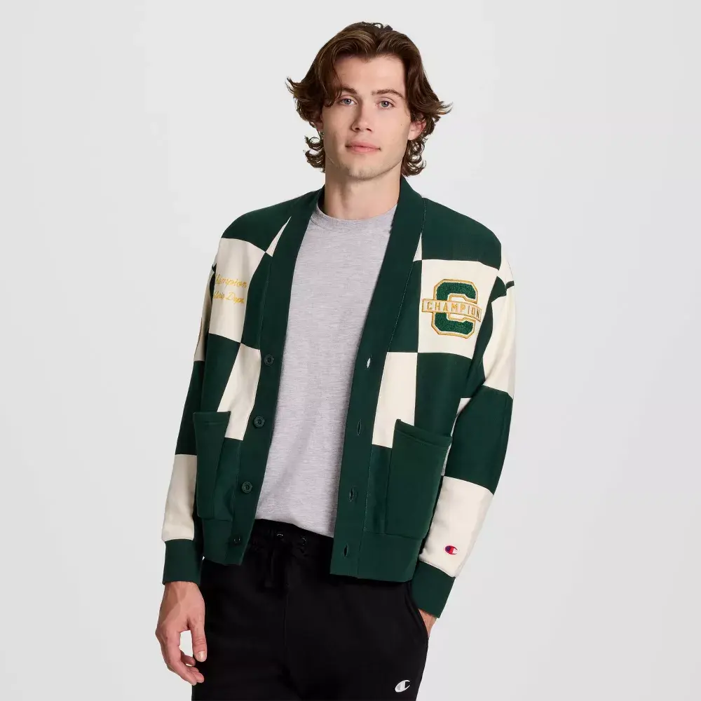 Champion Men's Varsity Check Cardigan Sweater, Menswear Football-Themed Embroidery, Premium Fabric Garment for Casual Wear