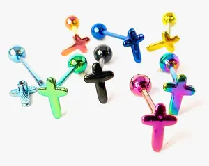 1pc Cross Design Tongue Ring Titanium Anodized 14g Tounge Barbell