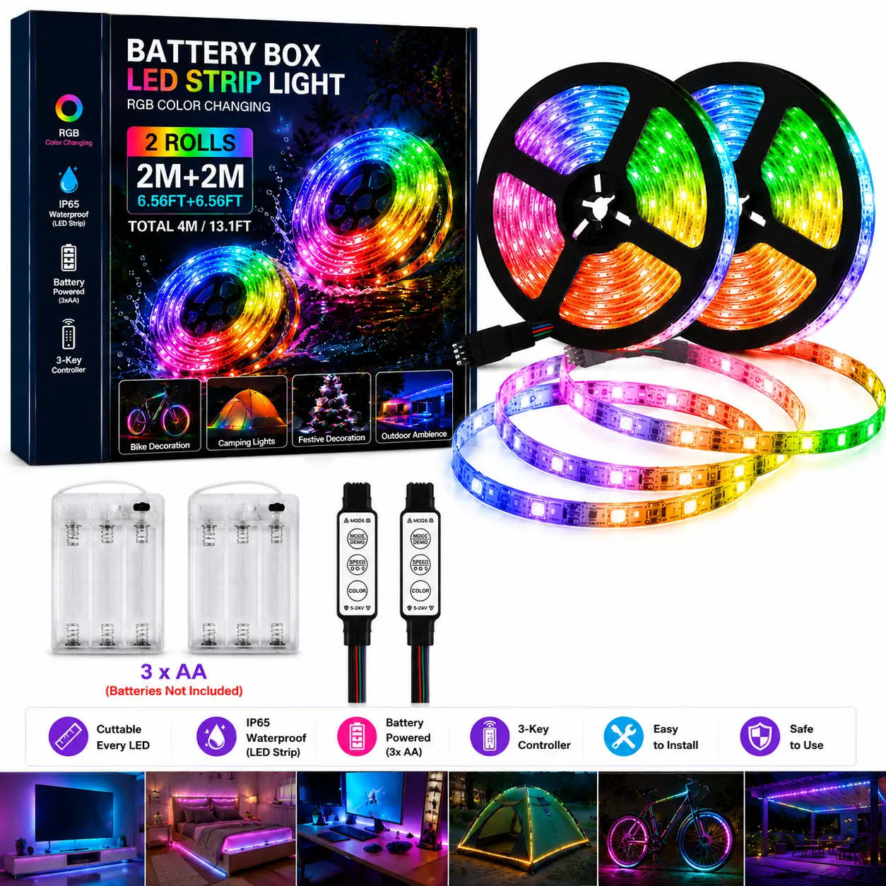 4M RGB LED Strip Lights, 2×2M Battery Powered LED Tape, IP65 Waterproof Color Changing Lights with 3-Key Controllers, DIY Lighting for Home & Outdoor Decor