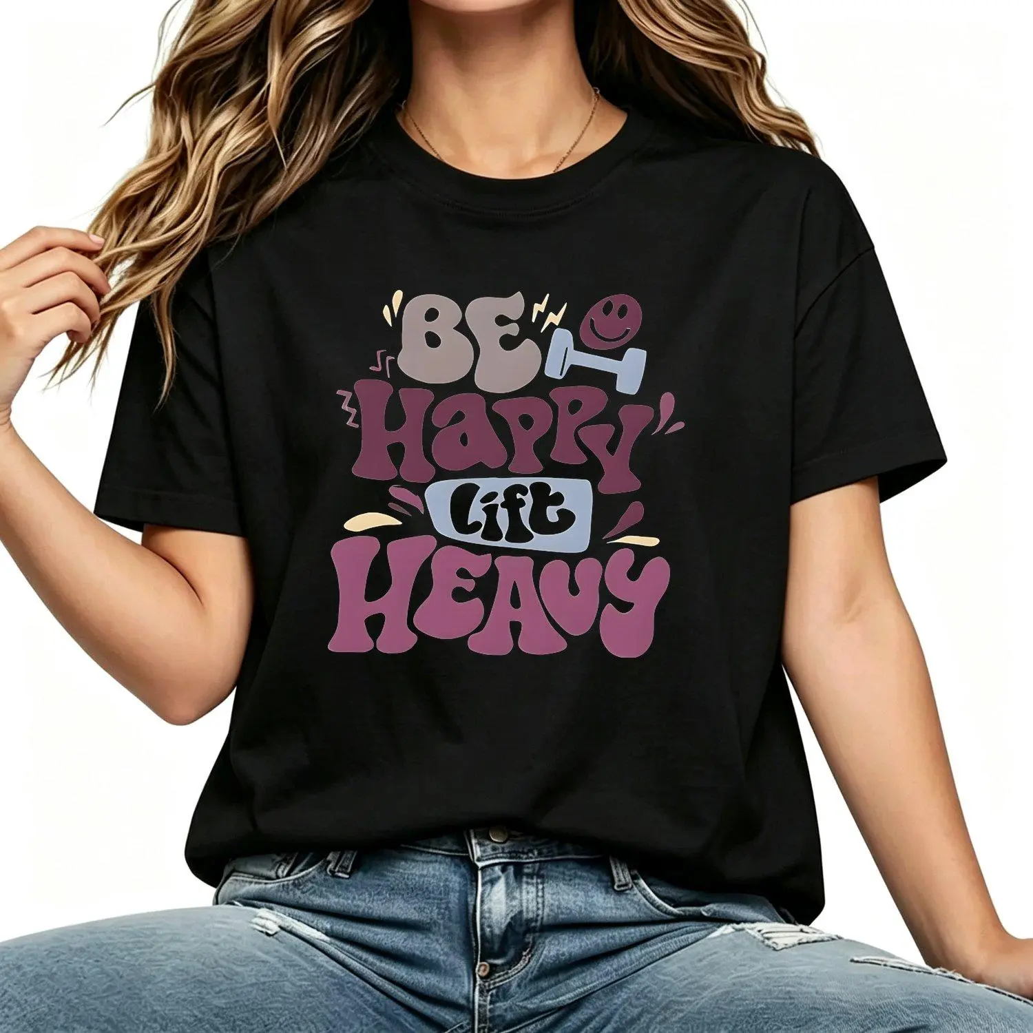 Be Happy Lift Heavy Graphic Tshirt Dumbbell Barbell Fitness Gym Illustration Vintage Athletic Casual Short Sleeve Women Performance Streetwear