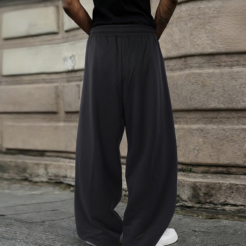 Solid Color Men's Loose Straight Long Pants - Polyester Fabric Soft and Slightly Stretchy, Drawstring Waistband, Outdoor Casual Style and Streetwear for Spring and Autumn, Two Side Pockets, Suitable for All Seasons