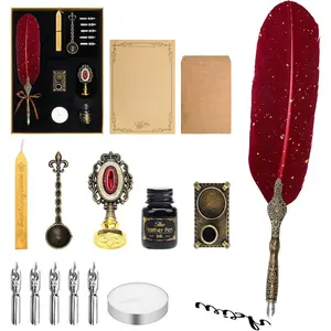 Quill Pen and Ink Set, Calligraphy  Pen Set with Wax Seal , Ink, Replacement Nibs, Spoon, Envelope Letter Paper, White Wax, Antique Quills (Red)