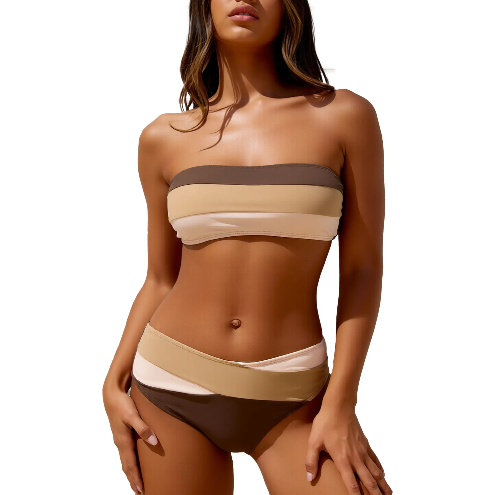 Neutral Color Block Bandeau Bikini Set, Strapless Top & V-Cut Waist Bottom, Chic 2 Piece Swimwear for Beach