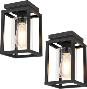 2 Pack Semi Flush Mount Ceiling Light Fixture, Black Metal Frame Porch Ceiling Light Fixture with Clear Glass Shade and E26 Ceramic Base, Farmhouse Light Fixtures for Kitchen Entryway Foyer