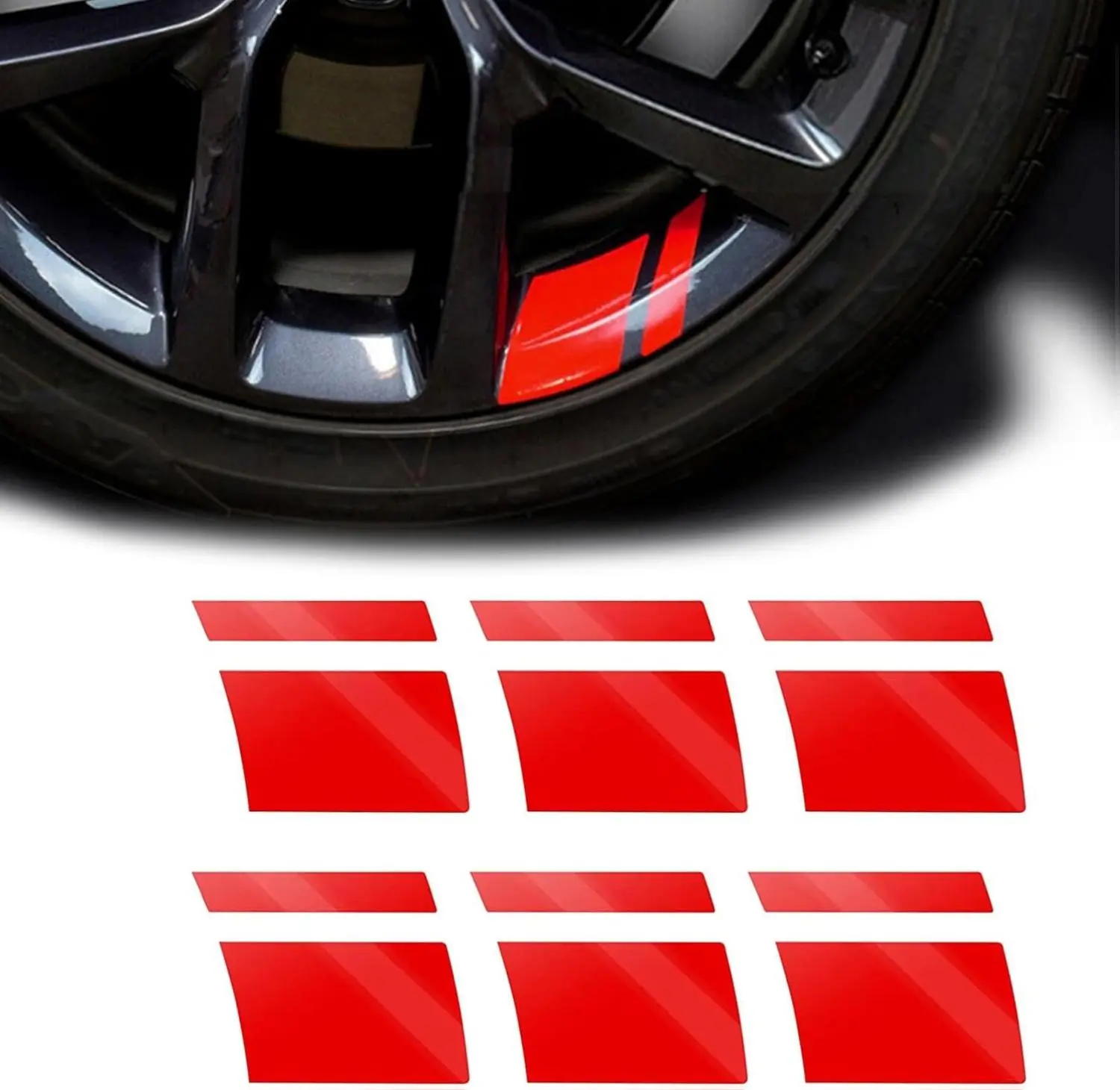 B BRAZIFY 6-Pcs Peel-Stick Car Reflective Stickers - 3.94×2.76 In Wheel Rim Stripe Decals, Easy-Remove Universal Automotive Exterior Decoration Accessories for 18-21 In Tires, Enhances Visibility (Red)