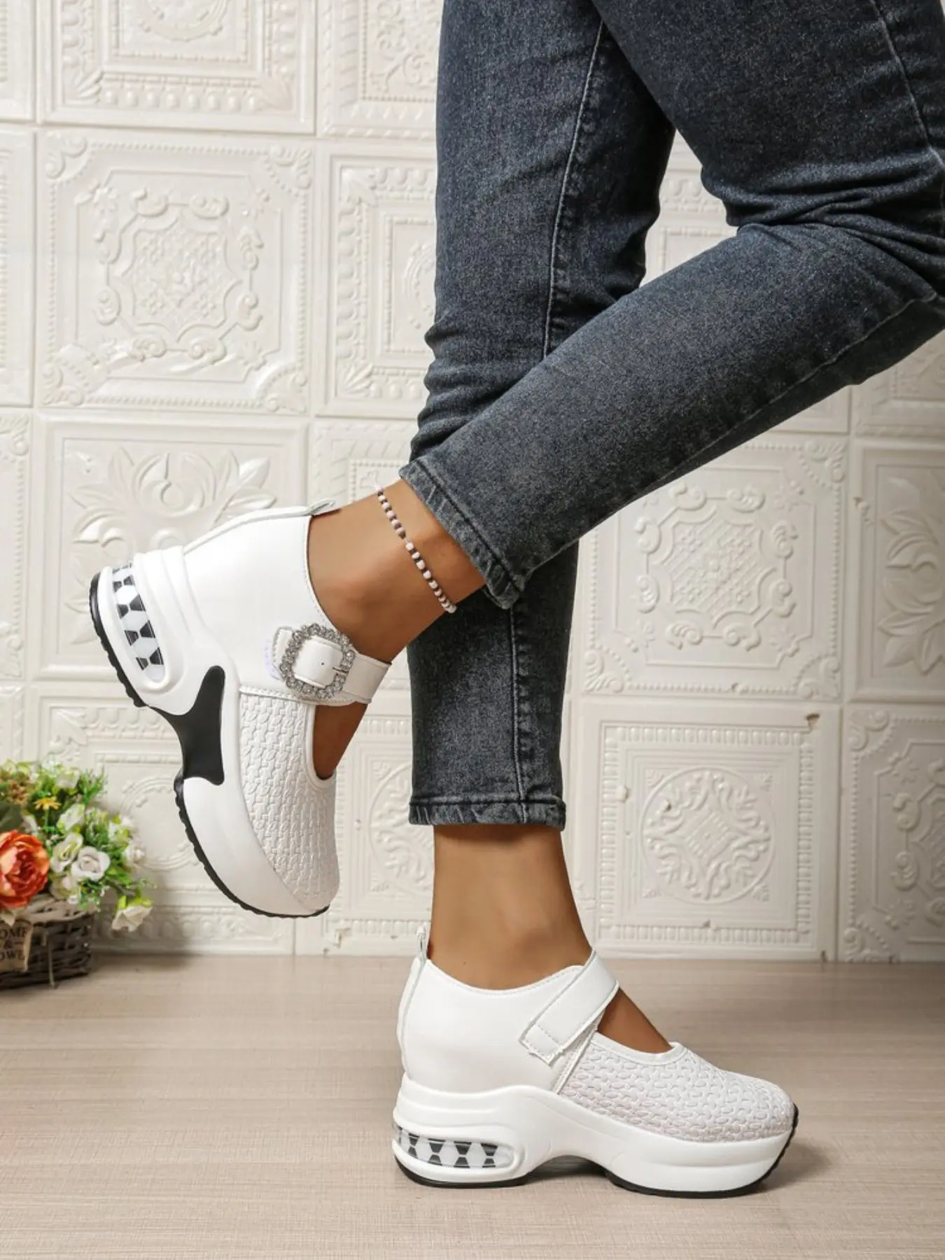 Women's Rhinestone Buckle Mary Jane Shoes, Mary Jane Style, Thick Sole Wedge Sneakers, Lightweight Casual Heeled Walking Shoes, Stylish Fashionable Textile Upper