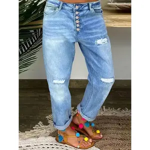 NewWomen's Stretchy Comfort Fit Ripped Jeans - Distressed Washed Blue, Straight-Leg Denim Pants for All Seasons Womenswear Bottom baggy jeans flared jeans stacked jeans Trouser Streetwear Pocket Casual