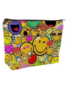 Vibrant Emoji Explosion Makeup Bag, Canvas Backpack with Fun Faces, Hearts, Glasses, Ideal Gift for Teens and Emoji Lovers